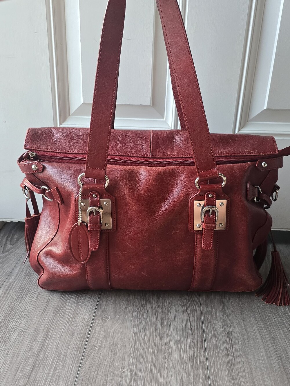 Wilsons Leather Maroon Red Satchel Shoulder Bag Buckle Tassel Genuine Leather
